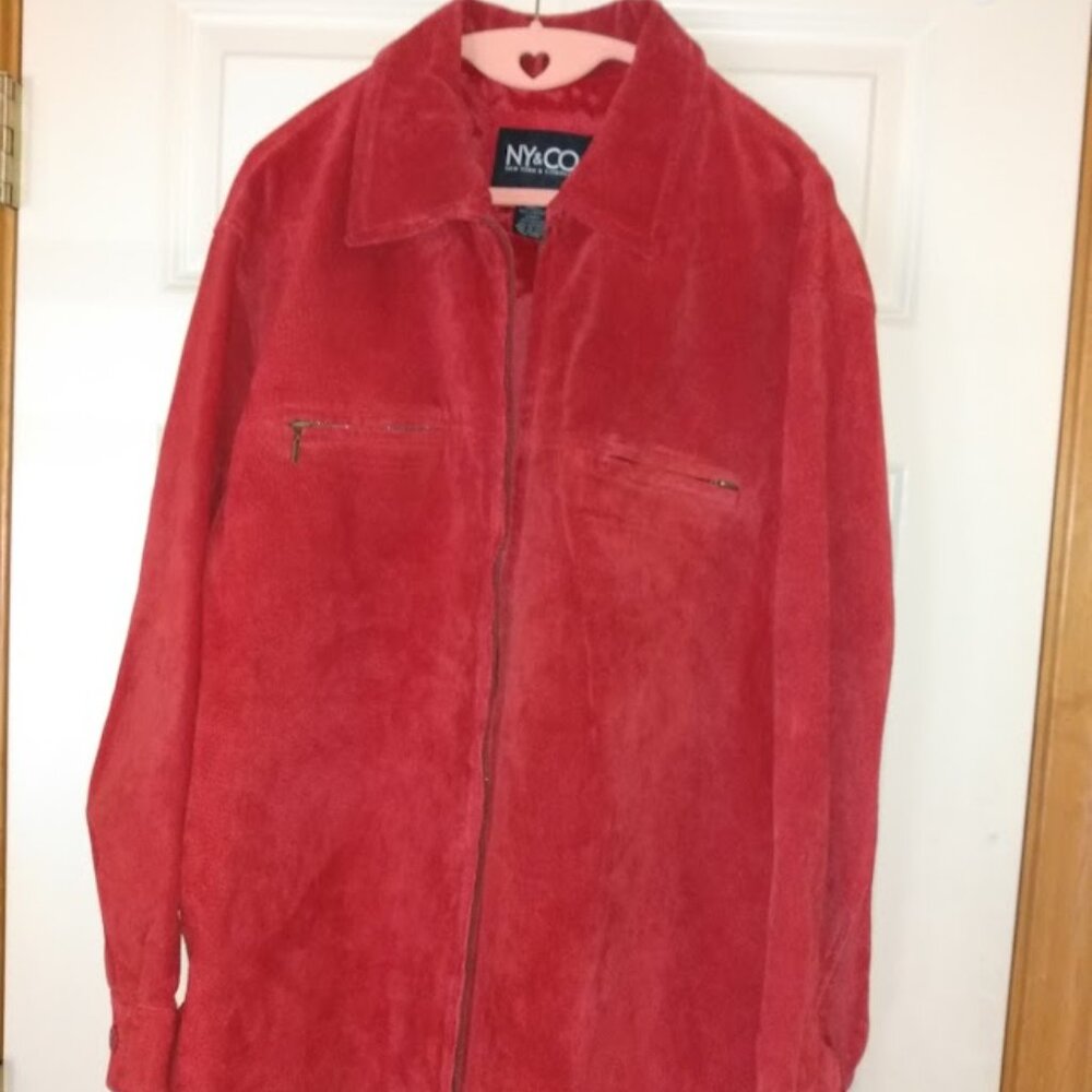 NY & co: New York & Company red leather coat w/zipper closure and pockets.